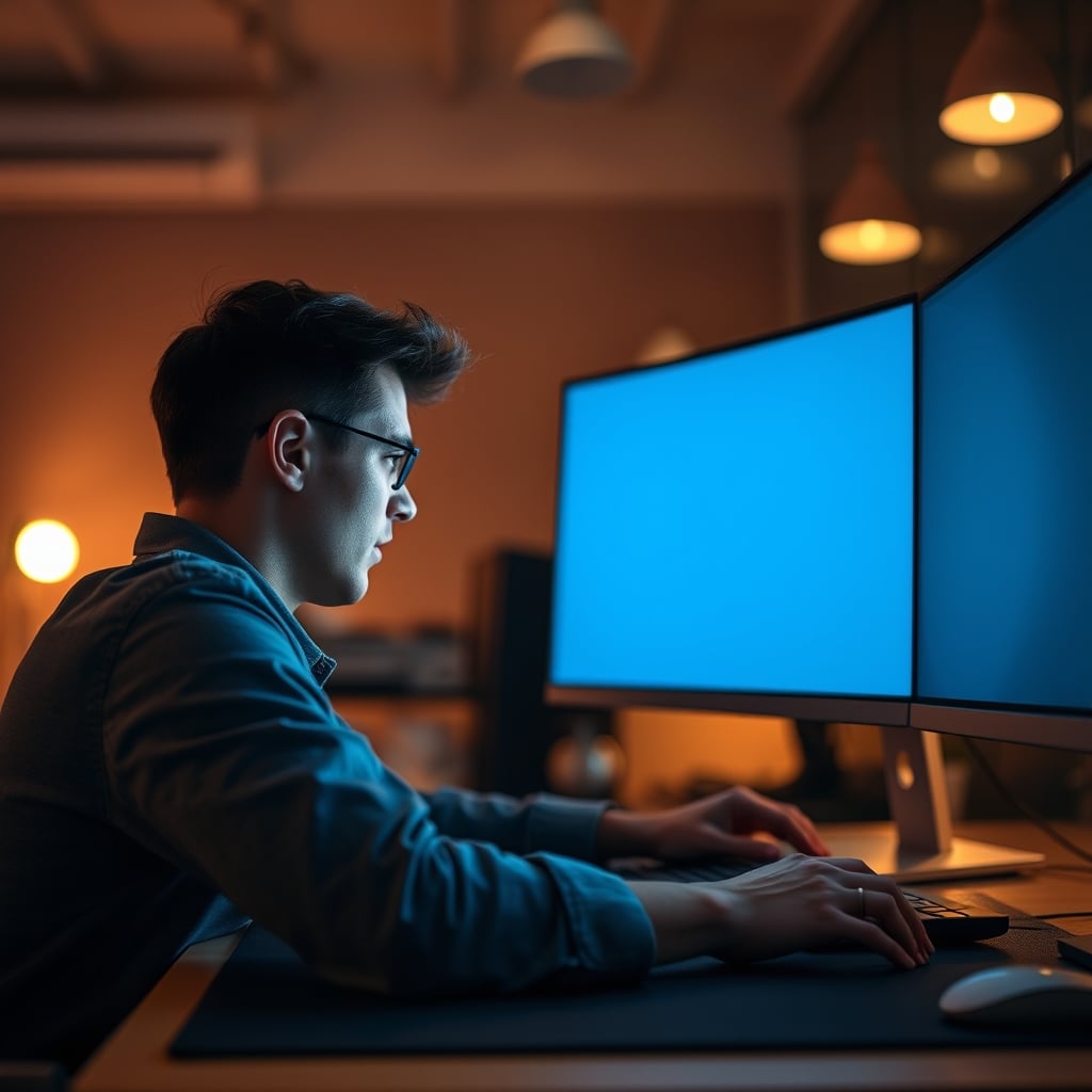 A frustrated person at a desk, squinting under the harsh, sterile light of a cool-white smart bulb.