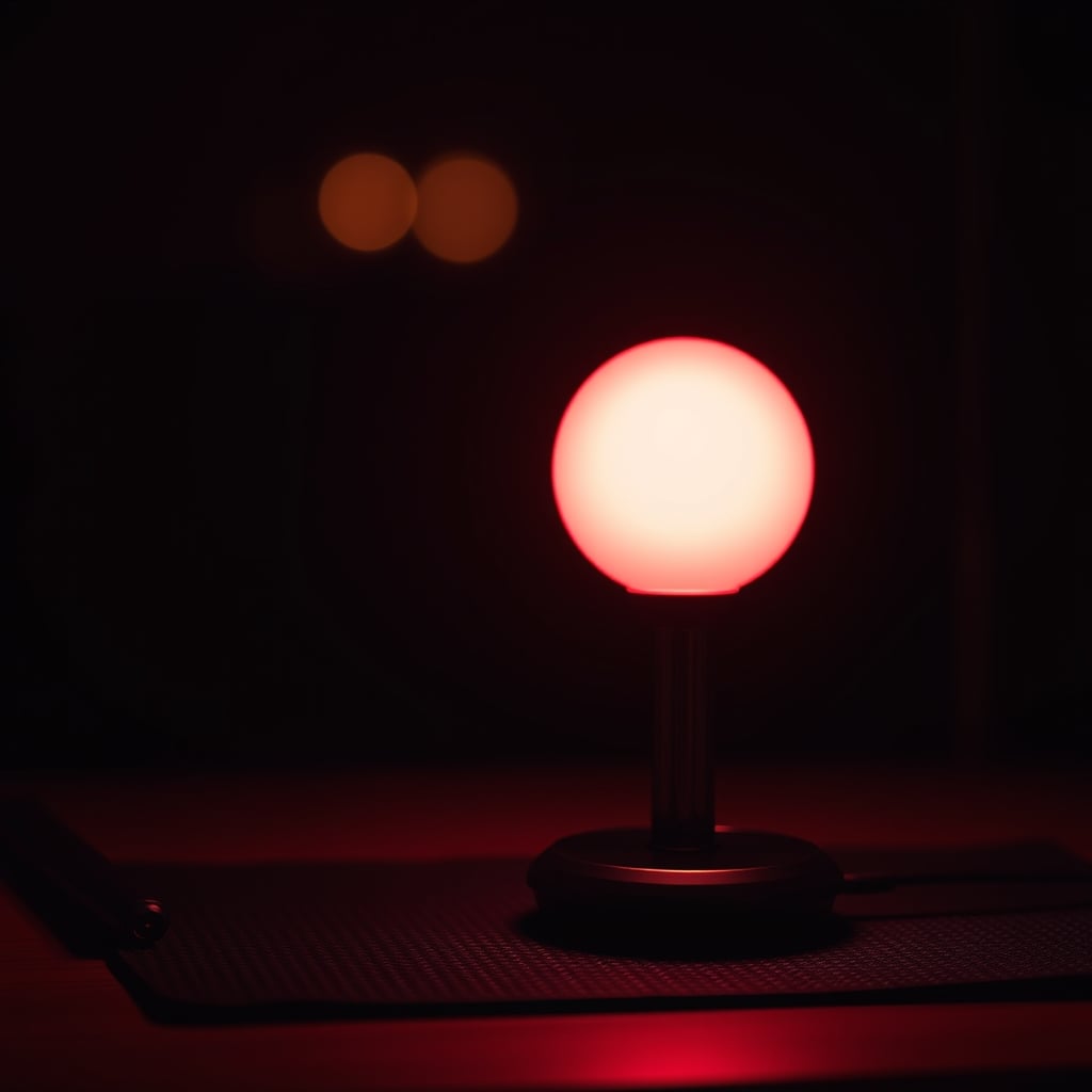 A single lamp on a nightstand emitting a deep red glow in a dark bedroom.