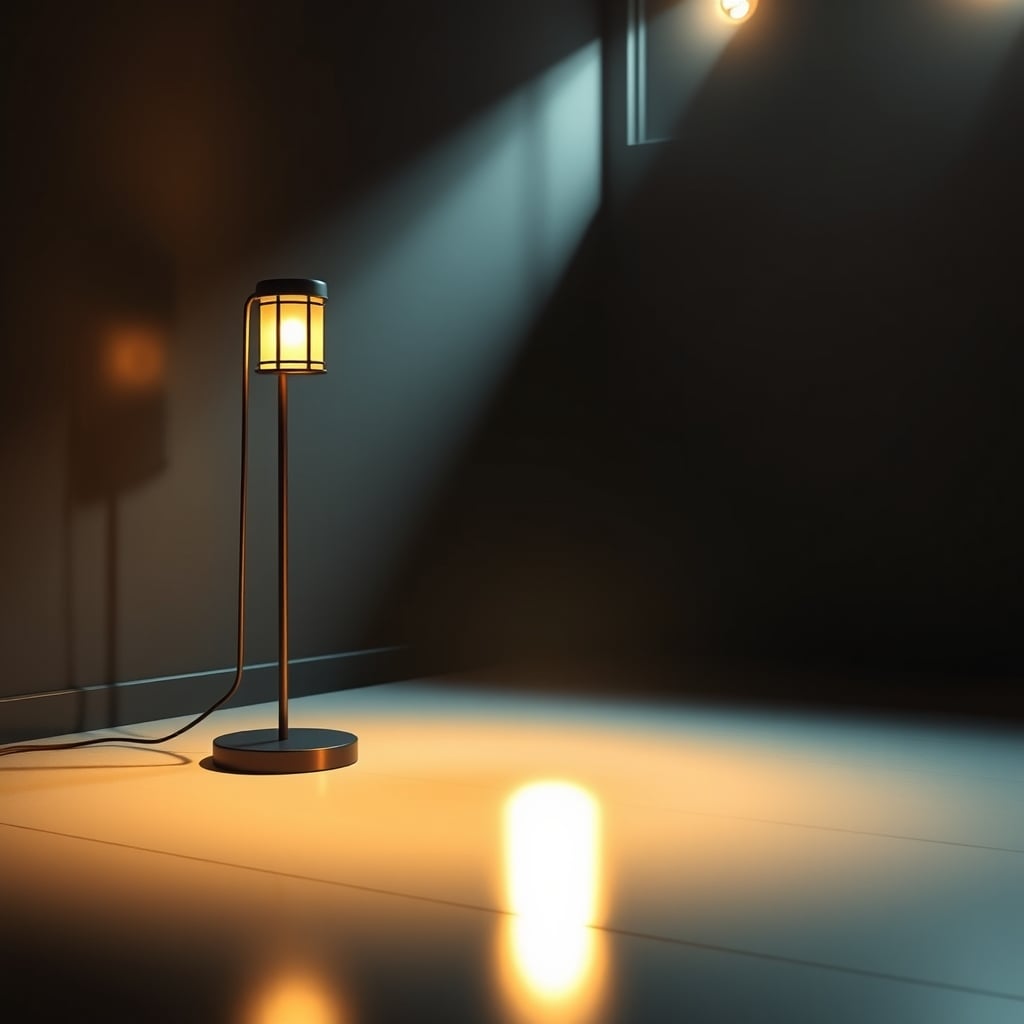 A minimalist room with a single paper lantern floor lamp providing a soft, diffused warm glow.