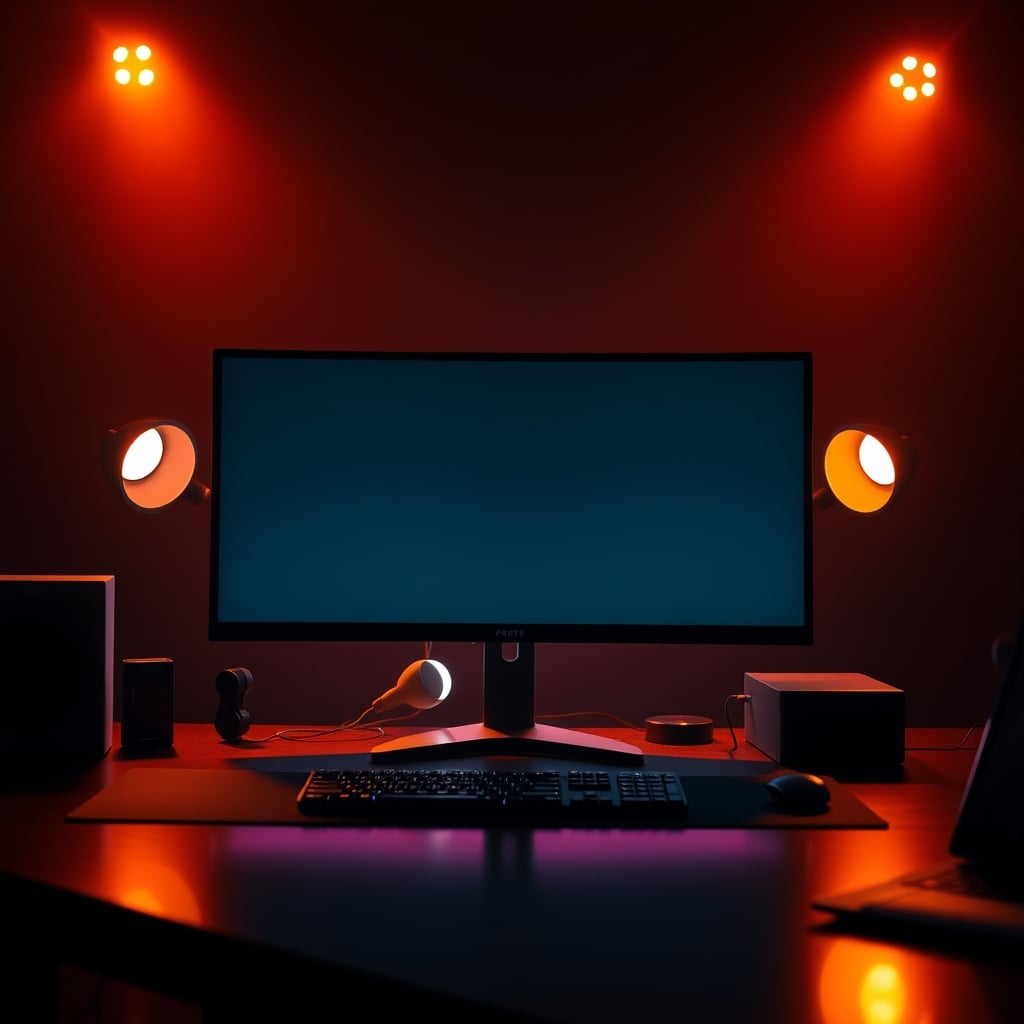 A clean desk with consistent warm LED bias lighting strips behind the monitor, reducing screen glare.