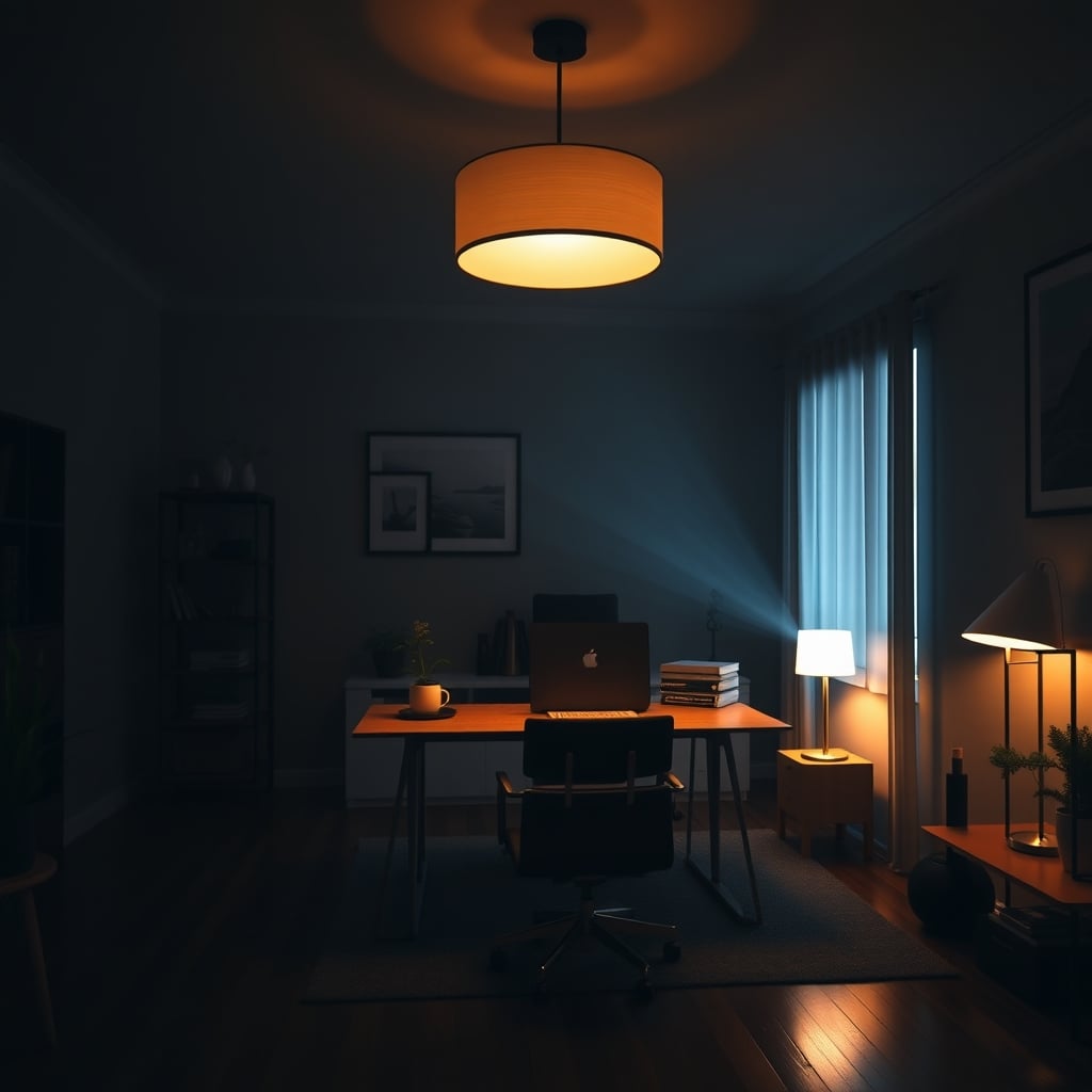A dramatic shot showing the harsh contrast between a cool laptop screen and a warm, simple desk lamp in a dark room.