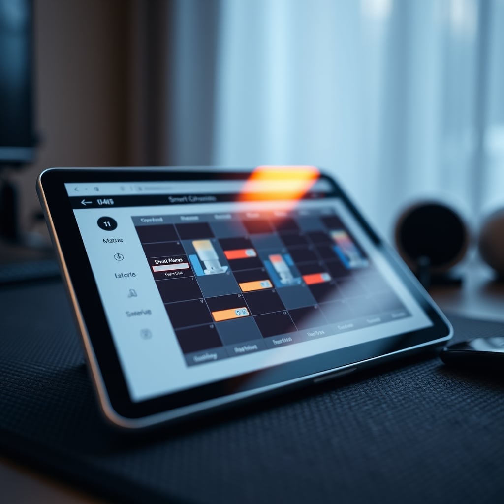 A close-up of a smart home tablet screen showing a chaotic automation schedule with red and blue flashing lights programmed.