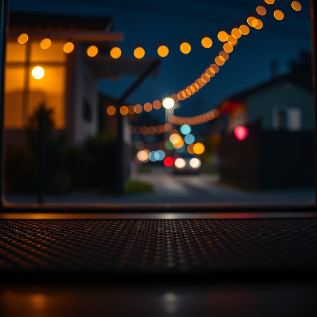 A view from the street of a house at night with strange, colorful smart lights visible through the window, looking unsettling.