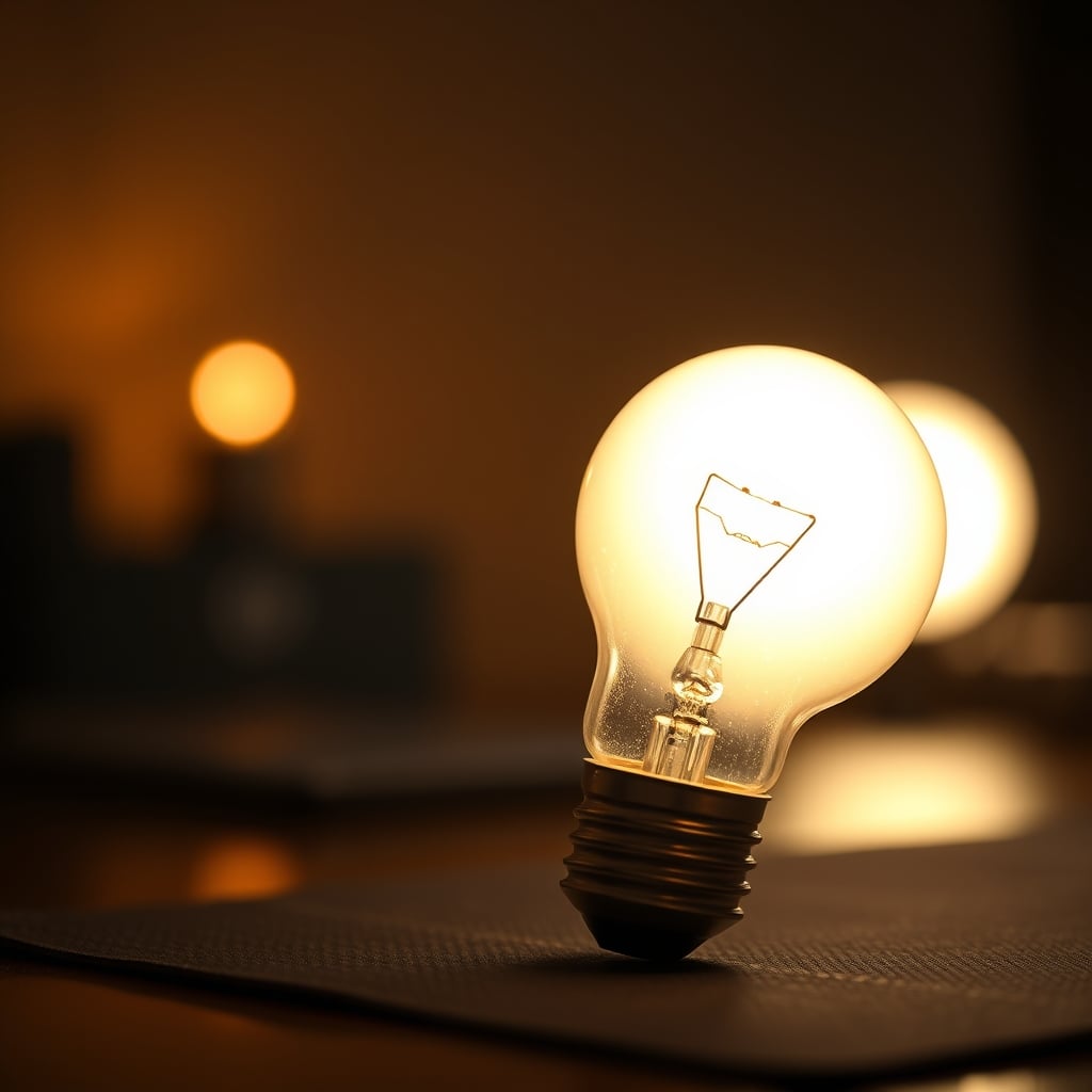 A single, simple warm white incandescent bulb glowing gently in a dark, peaceful room.