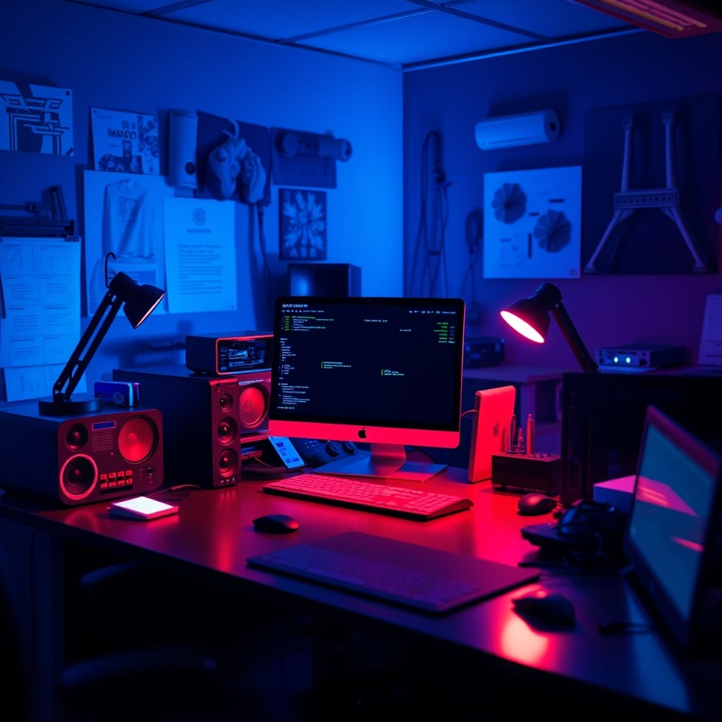 A desk showing visual chaos from multiple smart light sources with conflicting colors.
