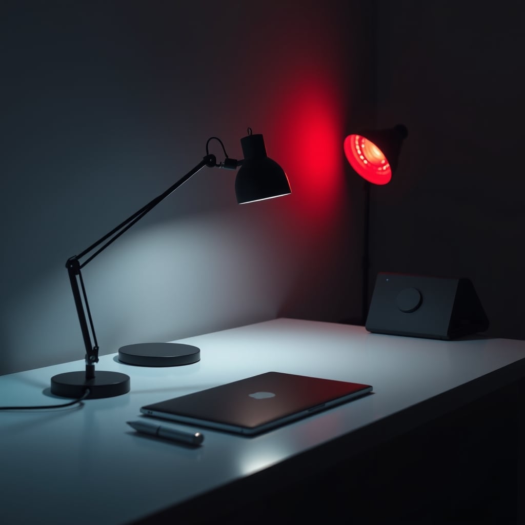 A clean desk setup with a dumb, dimmable task lamp and a separate red accent light in the background.
