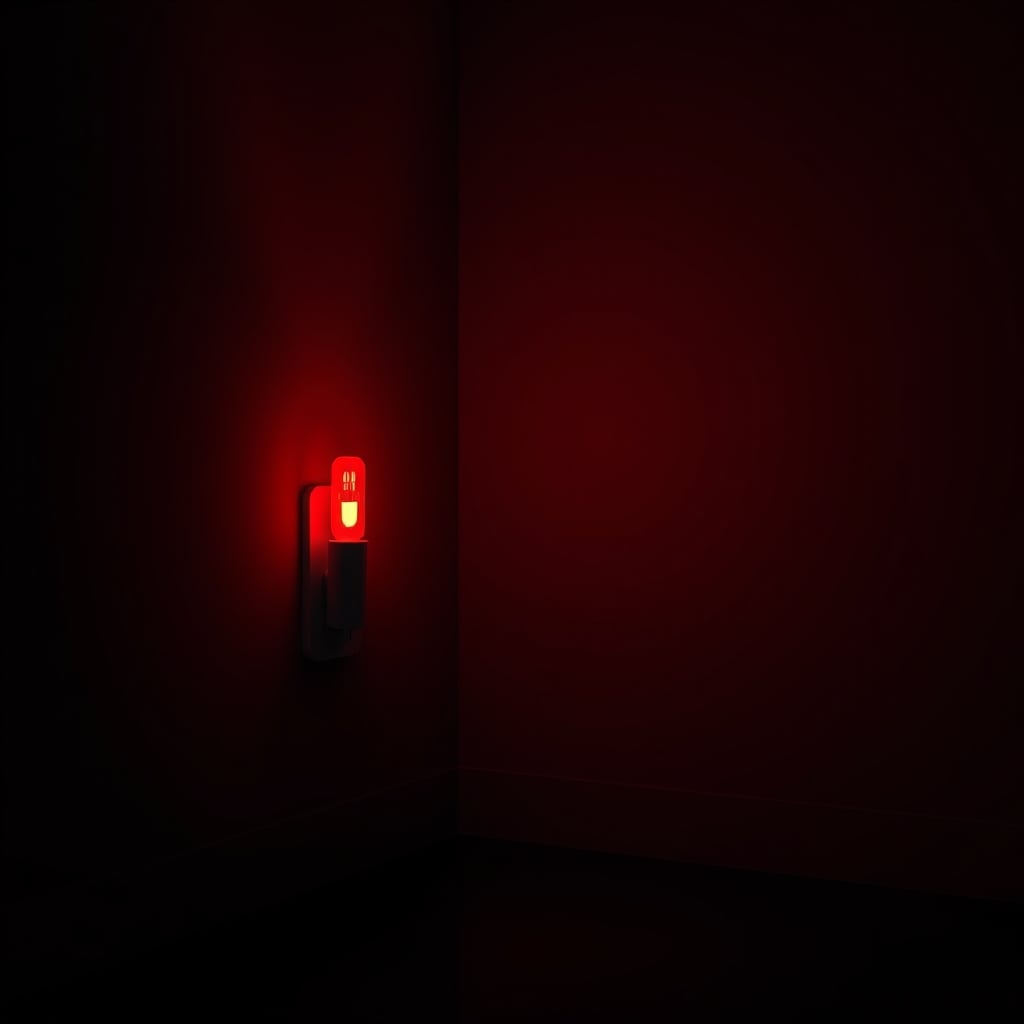 A single, simple plug-in red night light providing a stable, calm glow in a dark room.