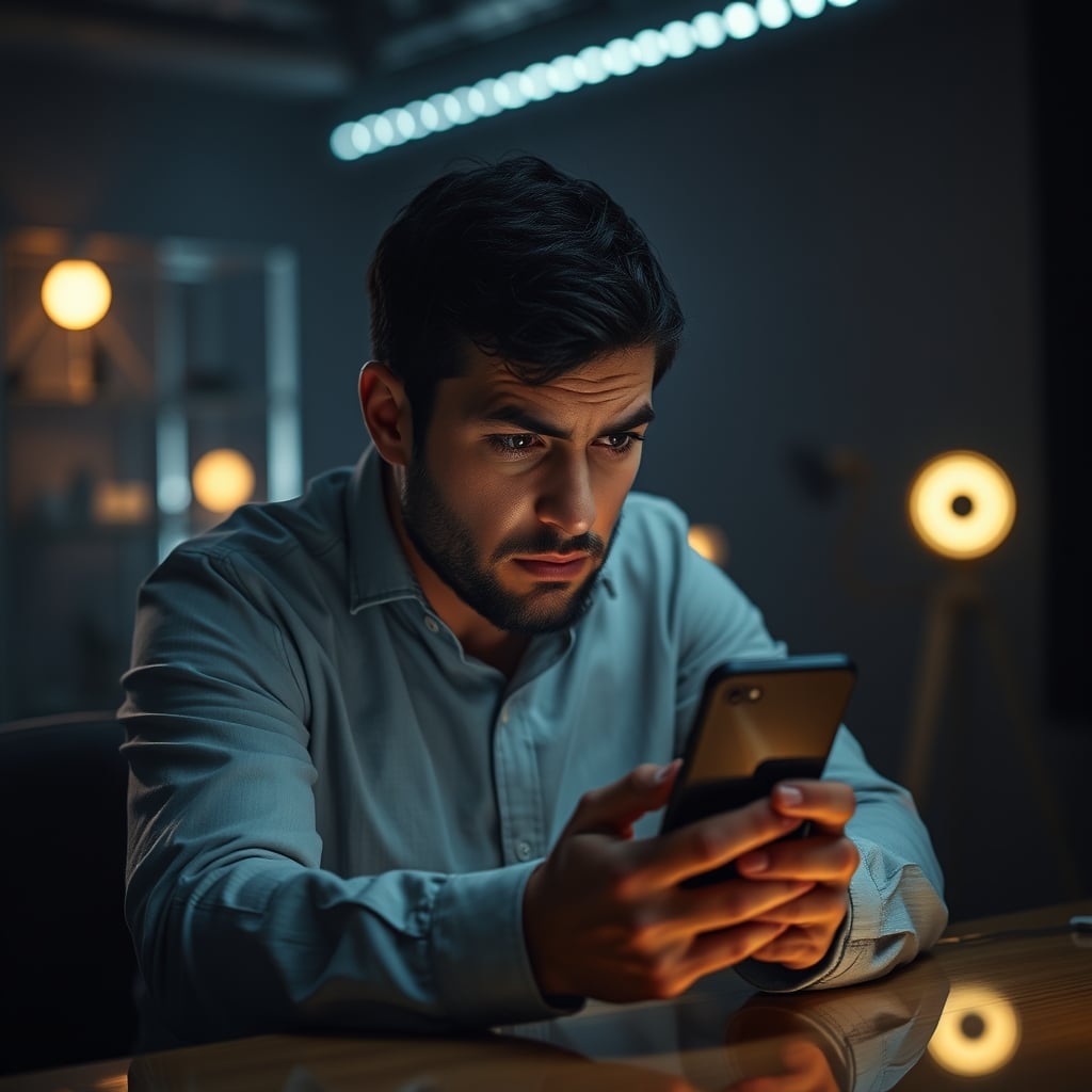 A person looking frustrated at a smartphone app trying to control complex smart light scenes.