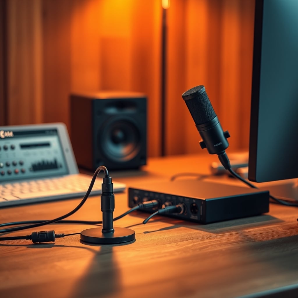 A clean diagram showing an XLR mic connected to an audio interface, then to a computer.