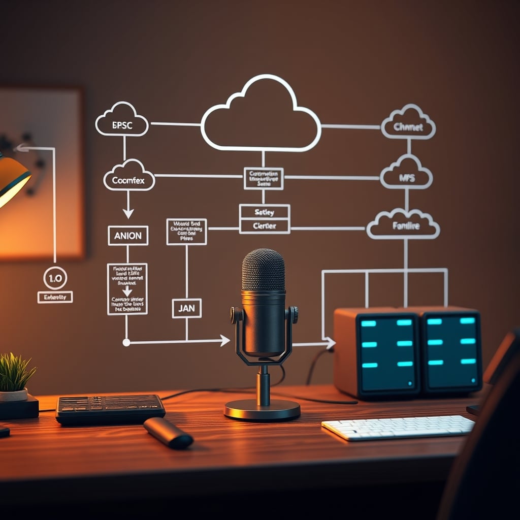 A diagram showing complex data paths from a microphone to various cloud servers.