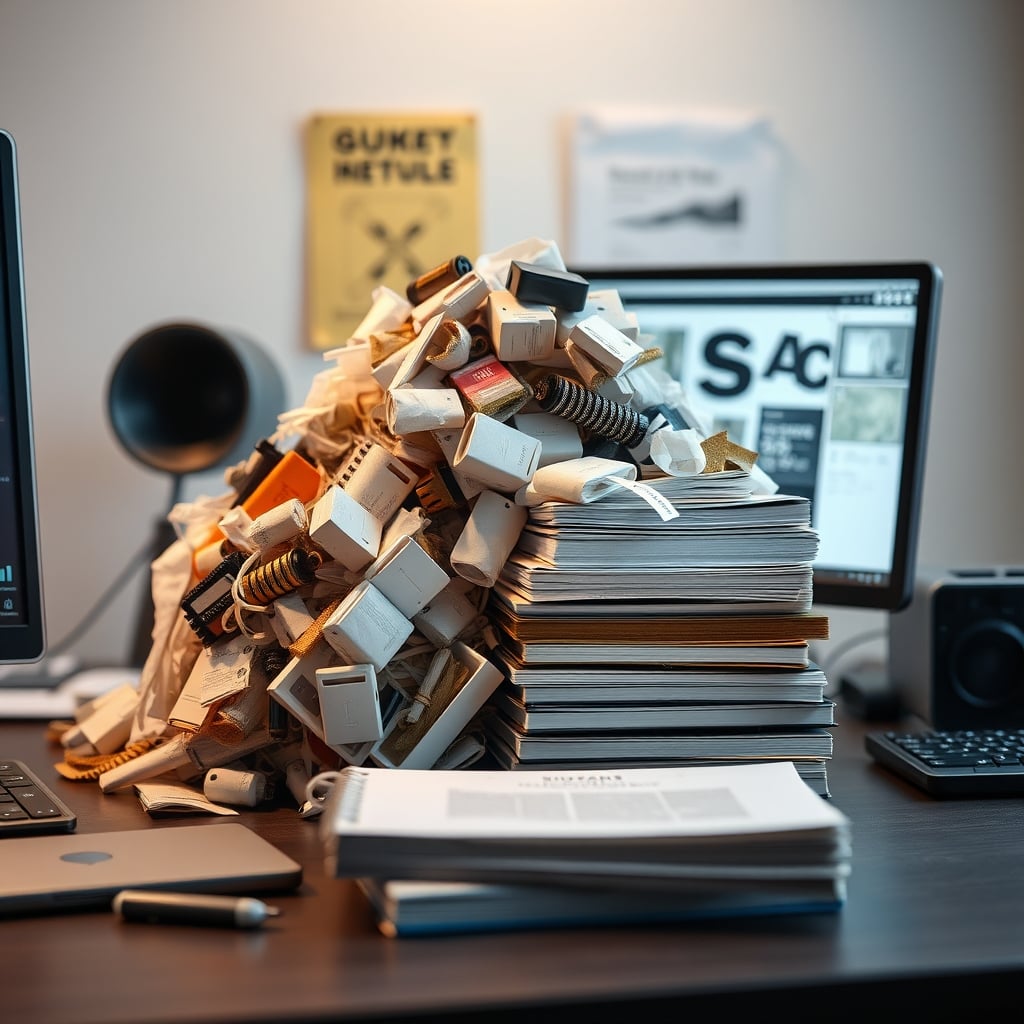 A pile of electronic waste including tablets and gadgets next to a neat stack of recycled paper notebooks.