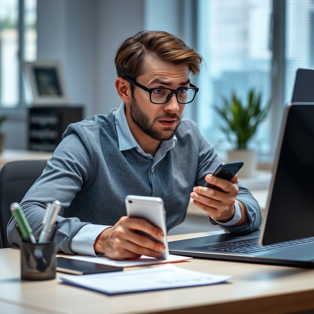 Person looking frustrated at smartphone showing a failed sync error message from a smart notebook app.