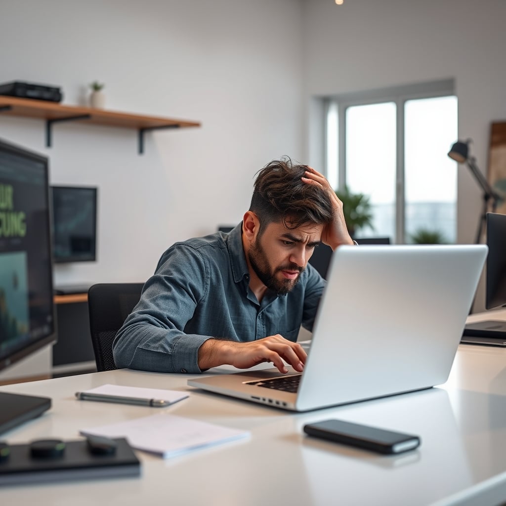 Person looking frustrated at smart notebook with sync error message