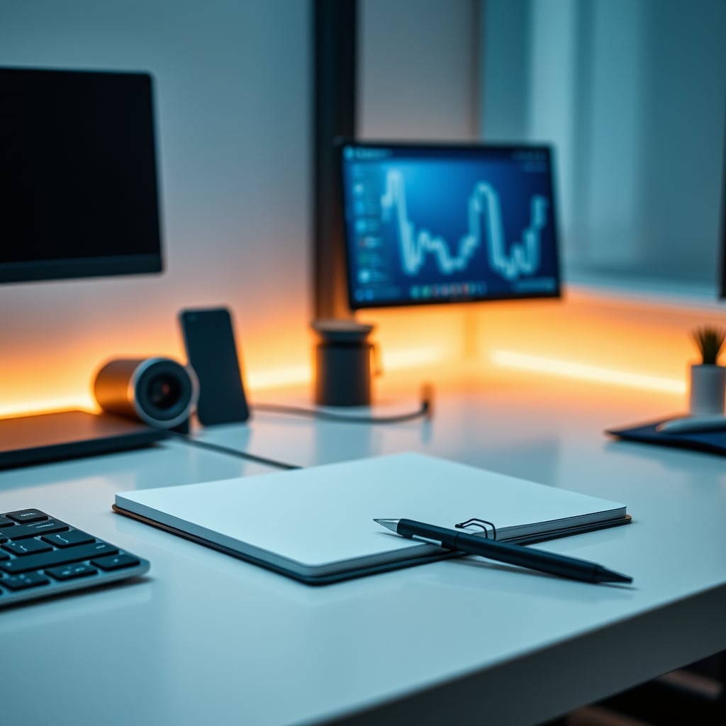 A minimalist, focused desk workspace featuring only a notebook, a pen, and a monitor.