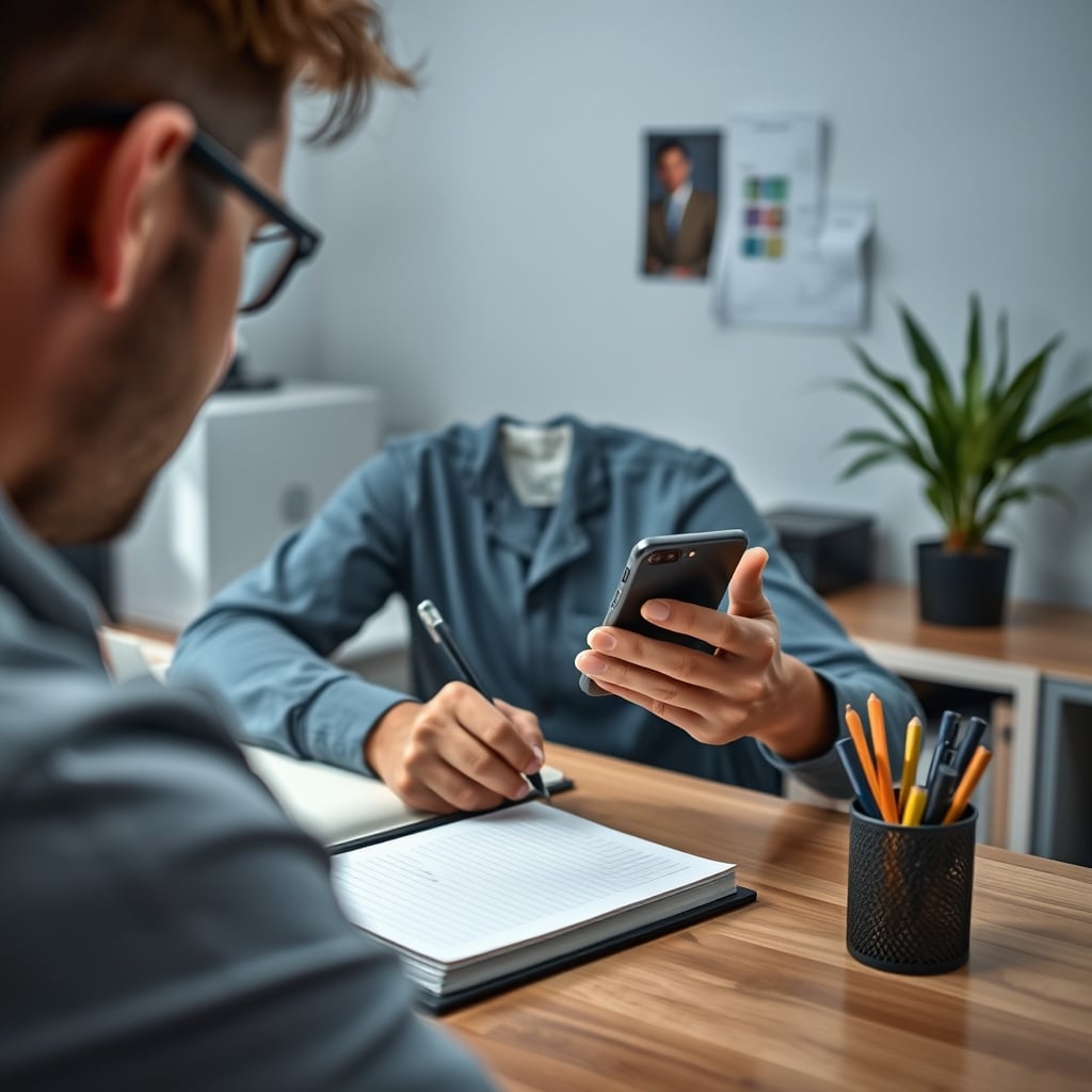 A person distracted by their smartphone instead of writing in their notebook.