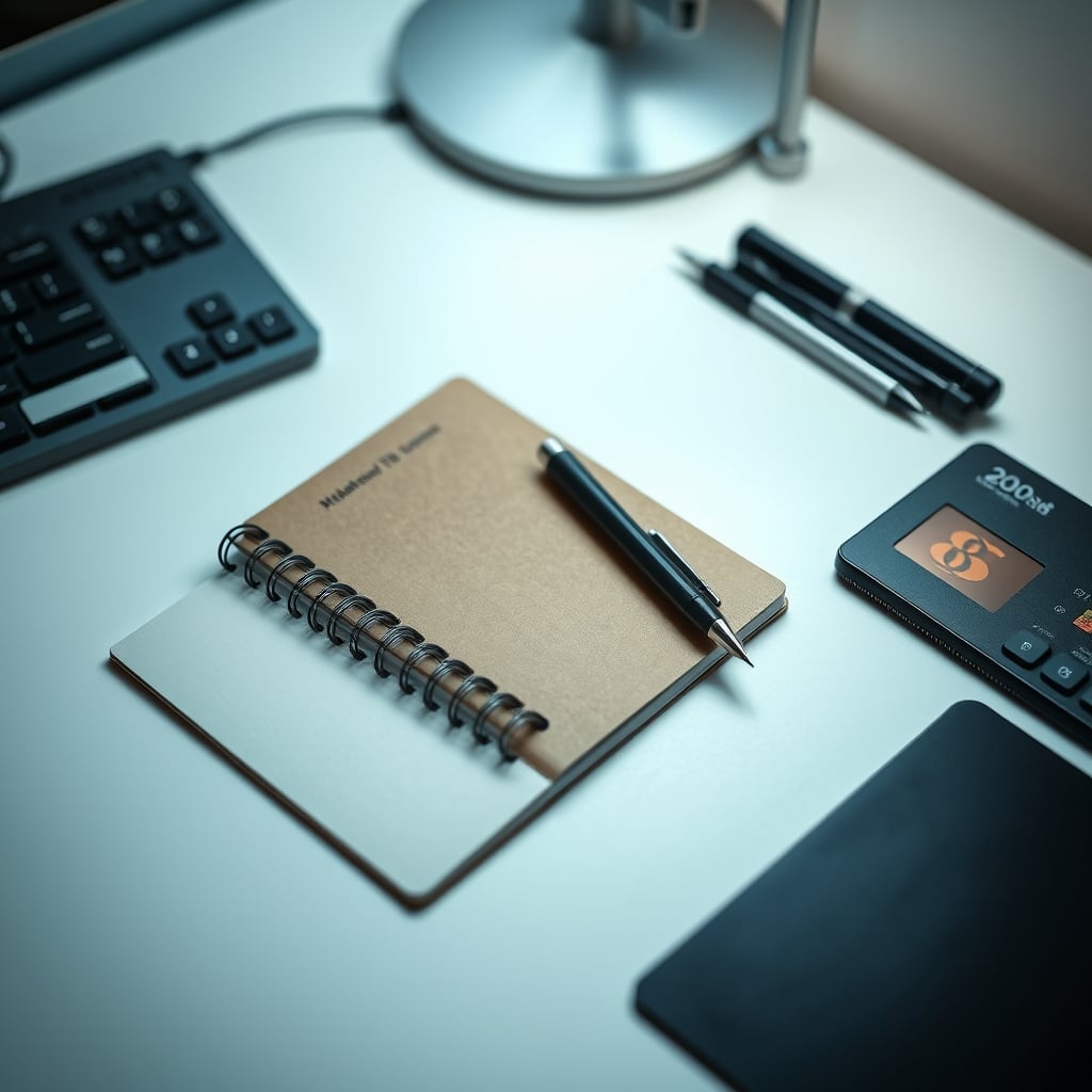 A simple, clean desk with just a notebook and pen.