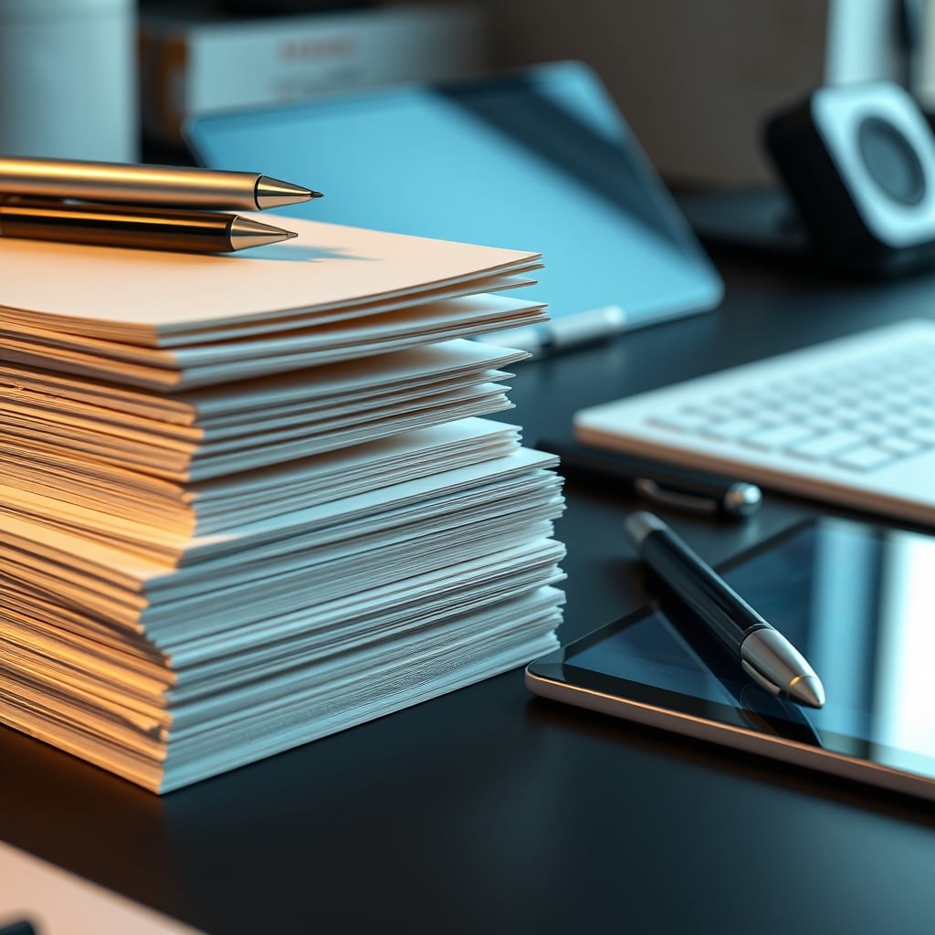 A tall, satisfying stack of simple paper notebooks and reliable pens next to one lonely, expensive smart pen and tablet.