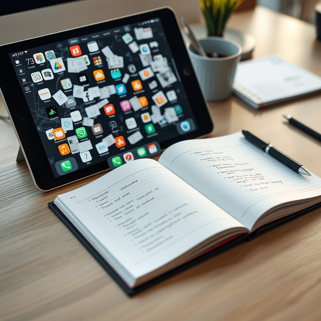 A cluttered smart device screen full of apps and notes compared to a single, clean, open paper notebook.