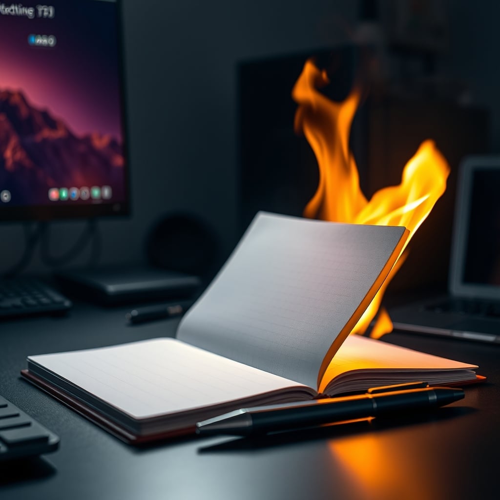 A paper notebook burning next to an untouched smart pen.