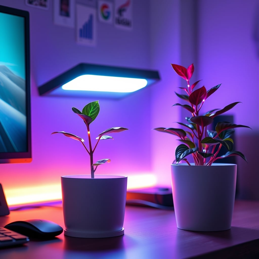 A smart plant pot's blue LEDs creating screen-like light pollution on a desk.