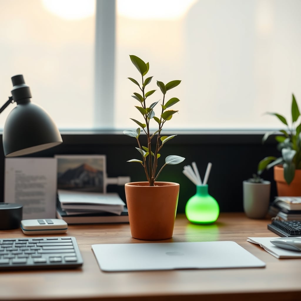 Visual contrast: a calm desk with a simple plant pot versus a distracting desk with a glowing smart plant vase.