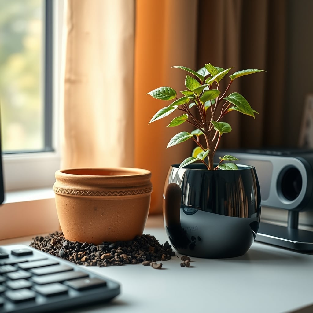 A simple terracotta olla pot working effectively versus a dead plant in a failed smart pot.
