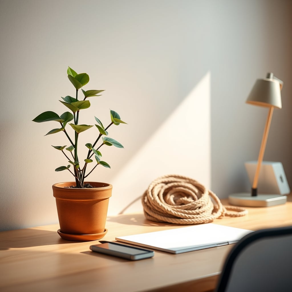 A clean, minimalist desk with a healthy, vibrant plant in a simple terracotta pot. A hidden wicking rope runs discreetly from the pot to a small glass water jar.
