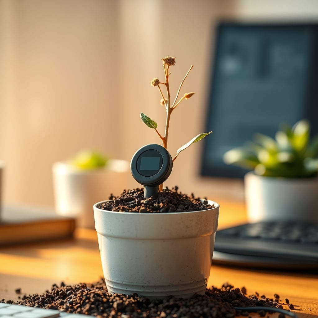 Close-up shot of a digital soil moisture sensor probe stuck into a tiny desk pot containing a wilted succulent.
