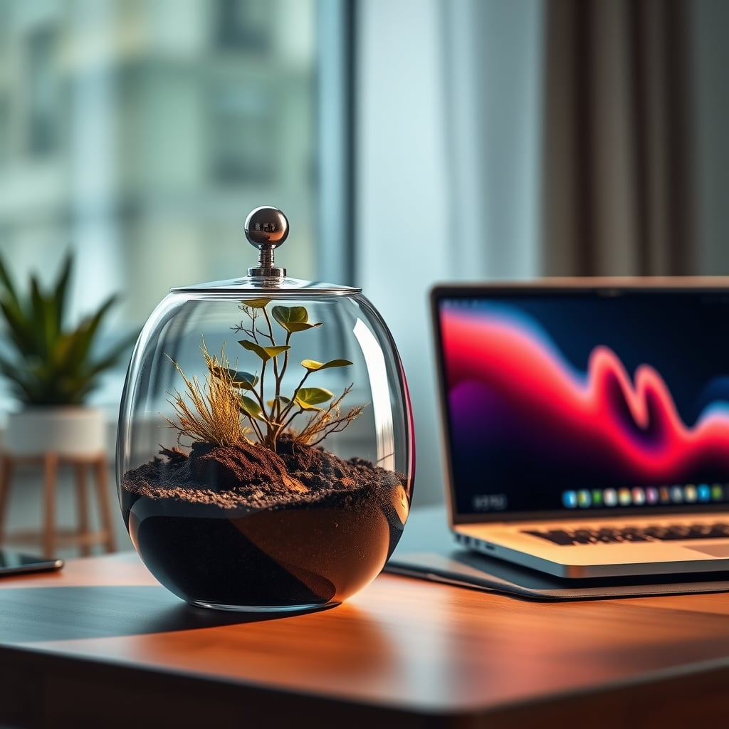 A modern, expensive smart terrarium on a desk, showing a dead, moldy plant inside the high-tech enclosure.