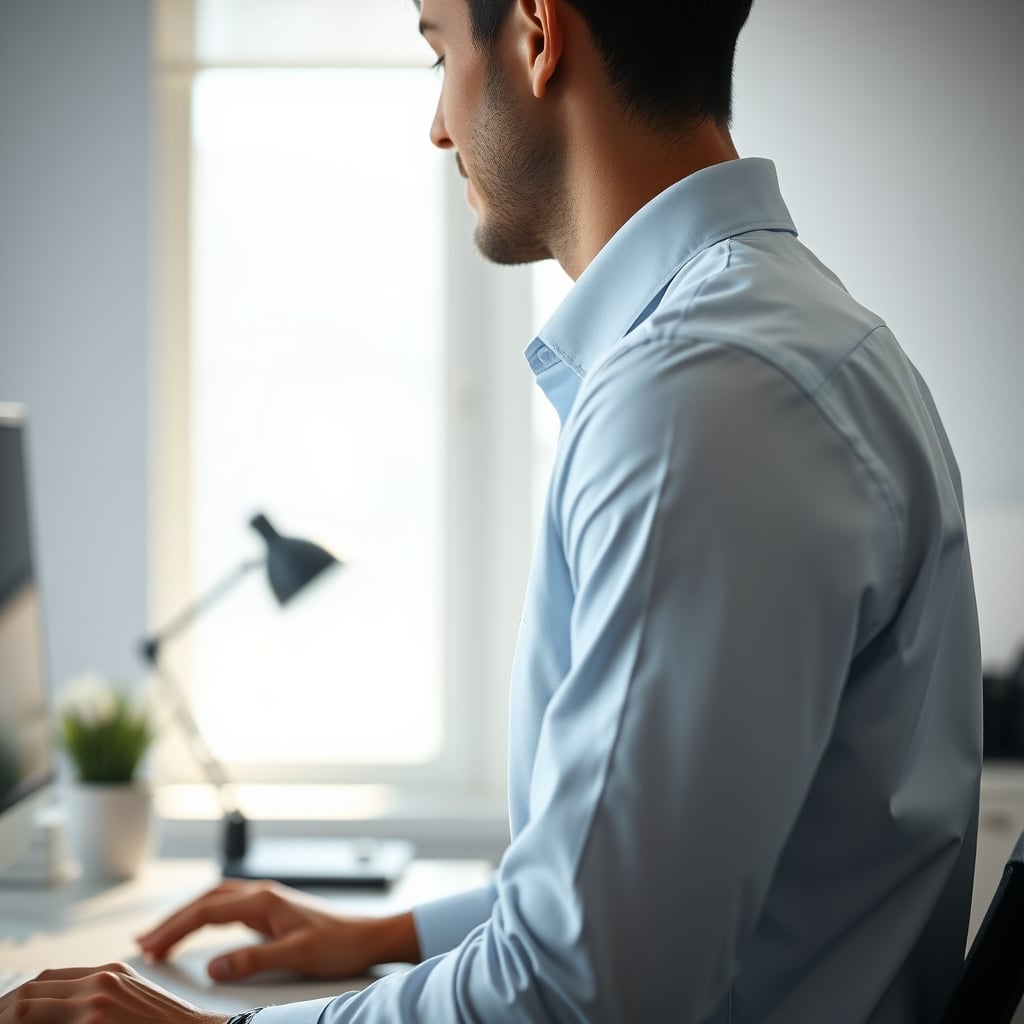 A discarded smart posture shirt draped over the back of an office chair, wires slightly visible.