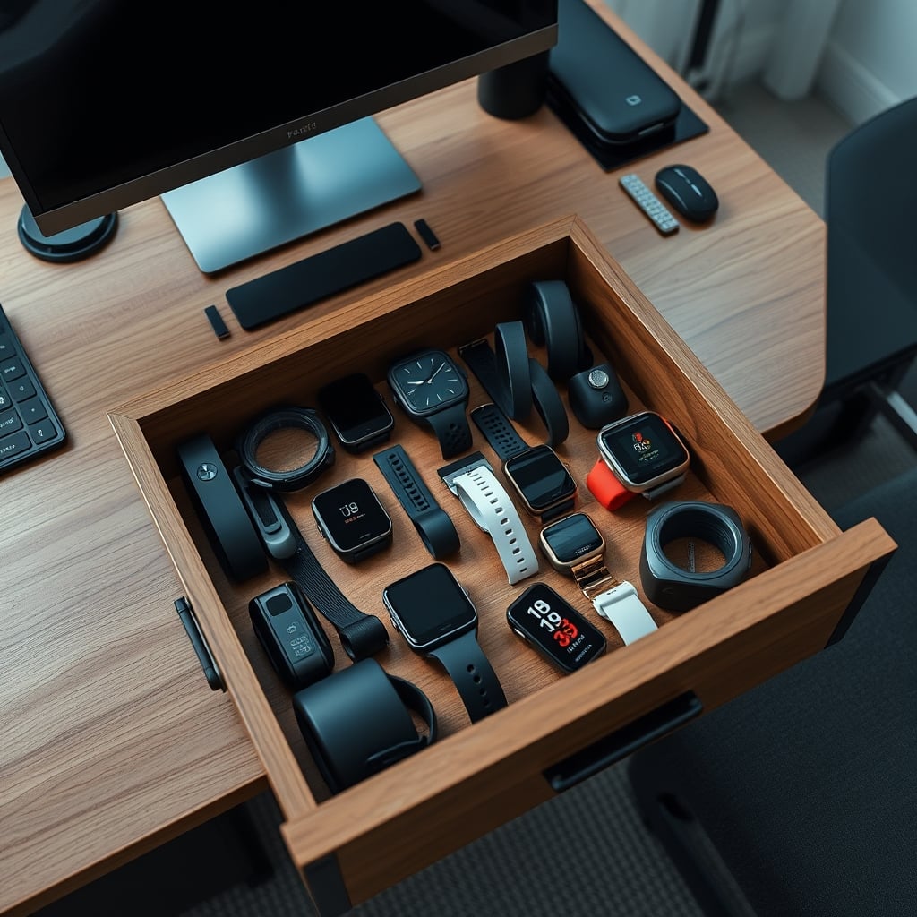 A drawer overflowing with forgotten gadgets, fitness bands, and charging cables.