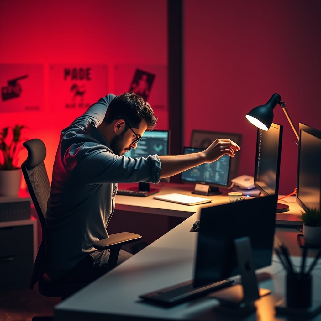 A person standing up from their desk, stretching their arms overhead in a simple, natural movement.