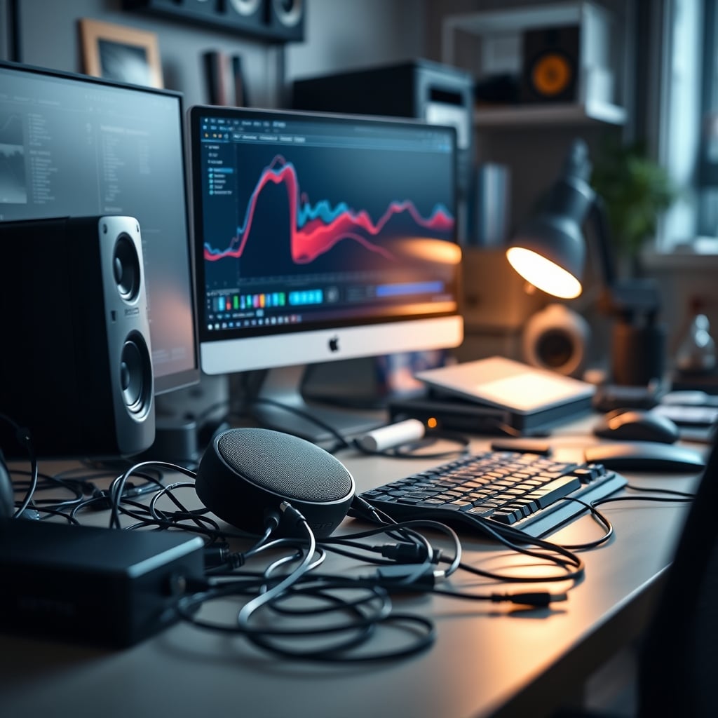 A cluttered 2026 desk with a prominently placed smart speaker, tangled cables, and a distracted user, representing digital chaos.