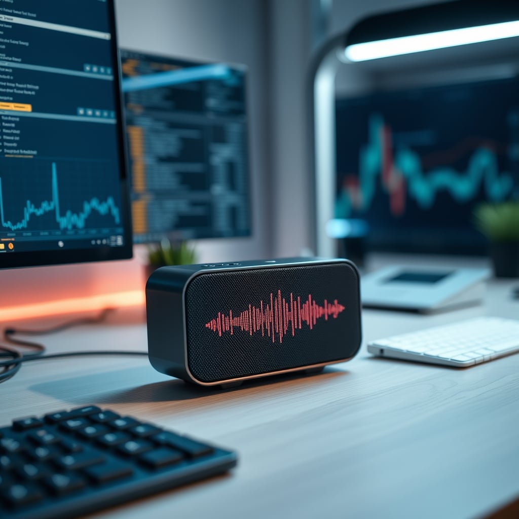 Smart speaker on desk emitting distorted audio waveform