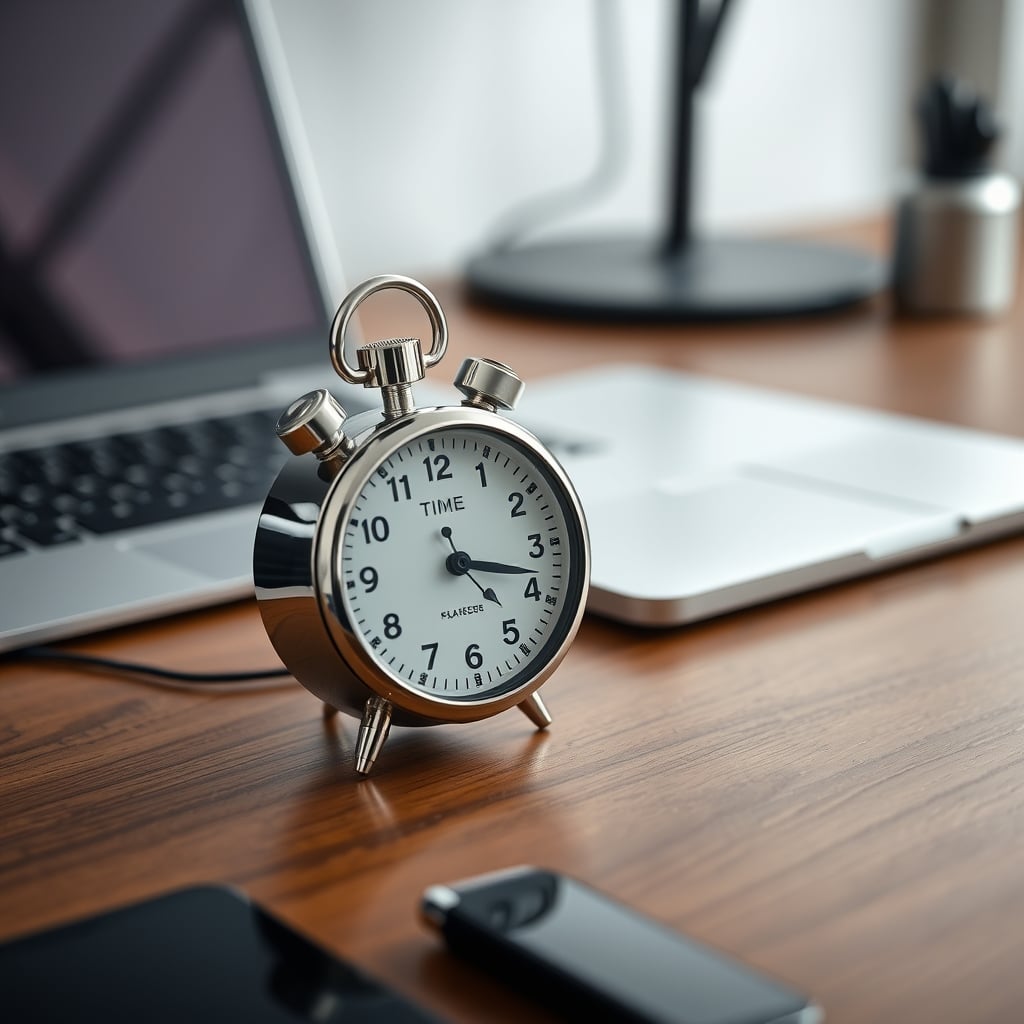 A classic, wind-up mechanical timer next to a notebook and pen on a wooden desk.