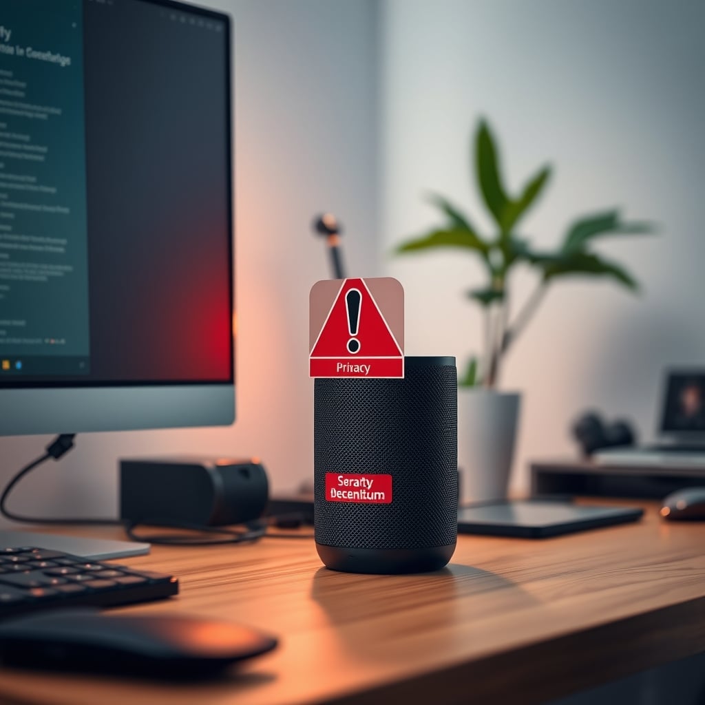 A smart speaker sitting on a minimalist desk with a stark red warning label over its top.