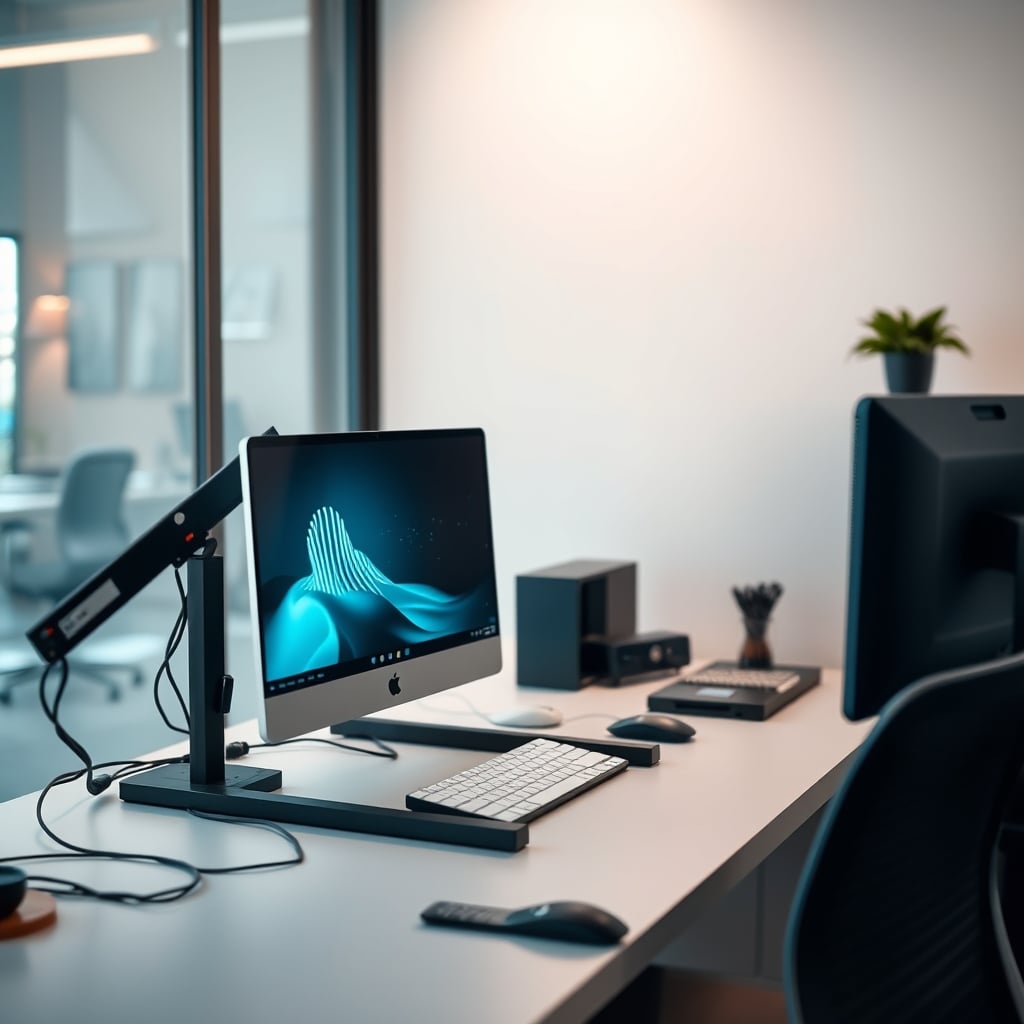 A smart standing desk frozen at an awkward height, with tangled cables below