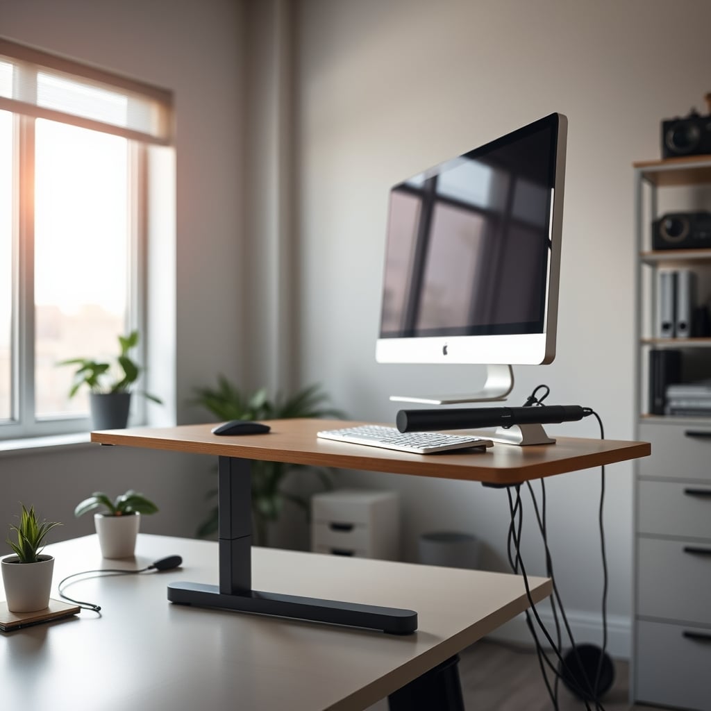 A person looking annoyed at a 'Time to Stand!' notification on their phone next to a smart standing desk