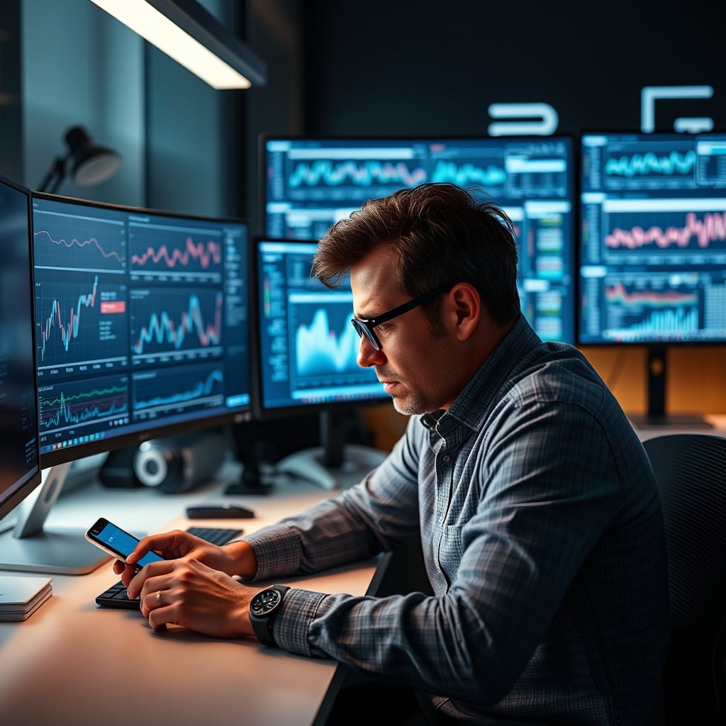 A person looking stressed while surrounded by screens showing productivity data dashboards.