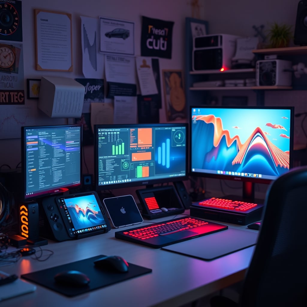 A cluttered modern desk overwhelmed with glowing smart gadgets, illustrating distraction.