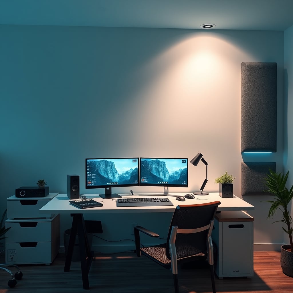 A clean, modern home office with a monitor, desk, and a single acoustic panel also on the adjacent side wall.