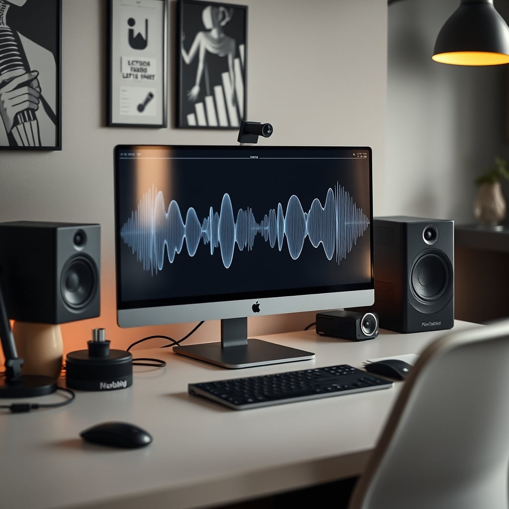 Diagram showing sound waves from a speaker hitting a monitor and reflecting back, creating echo at a desk.