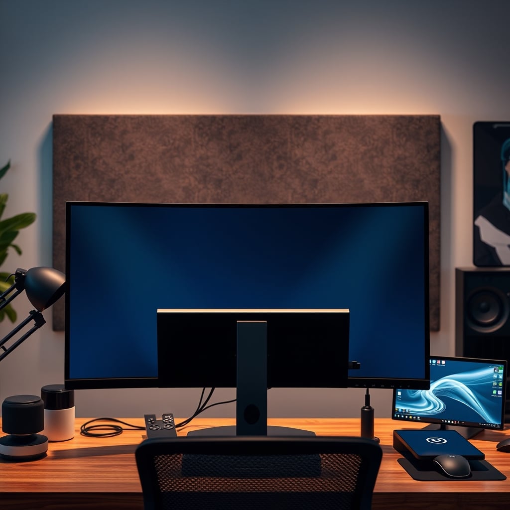 A single, thick, fabric-covered acoustic panel mounted on the wall directly behind a large desktop monitor.