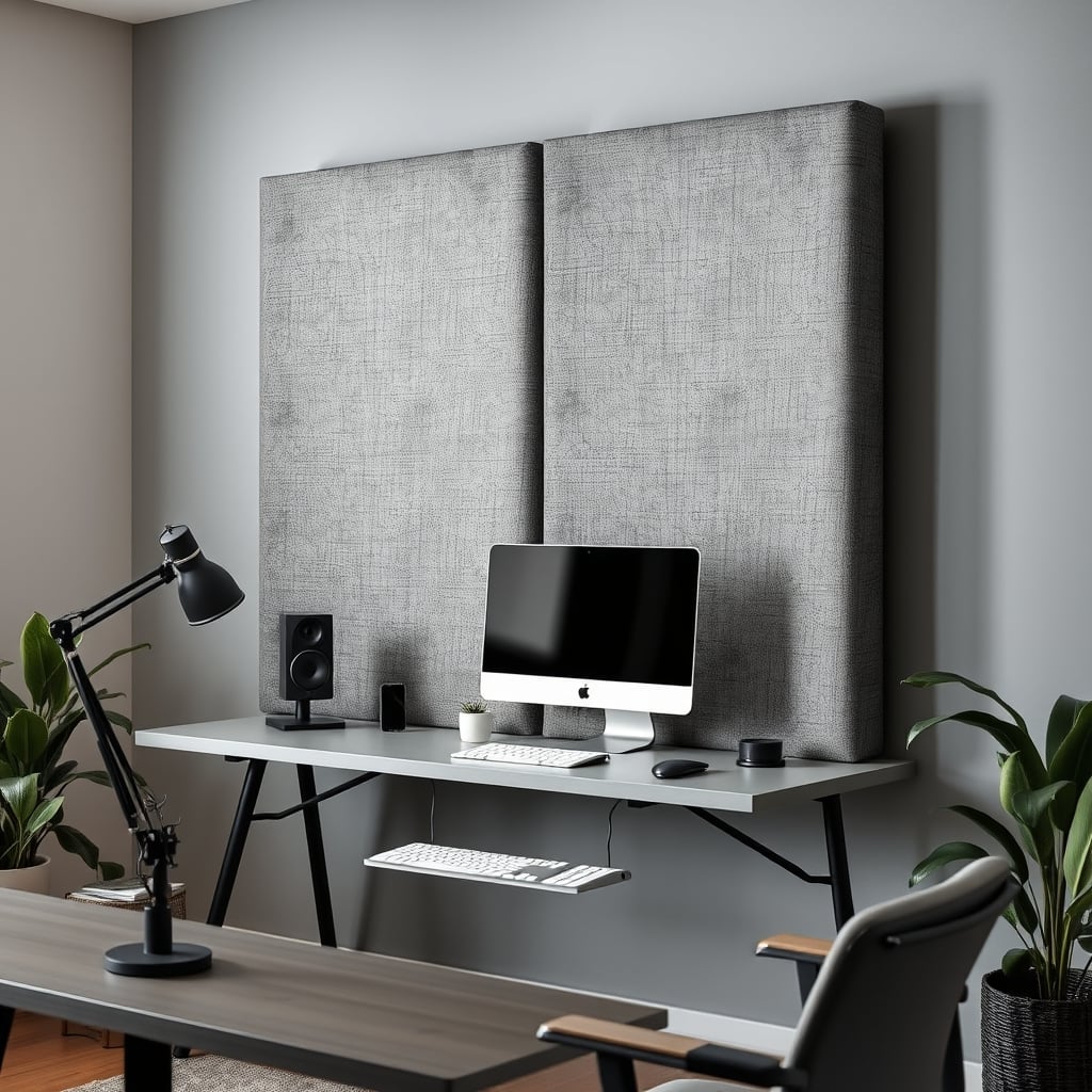 A clean, DIY acoustic panel wrapped in grey fabric, looking minimalist and effective on a home office wall.