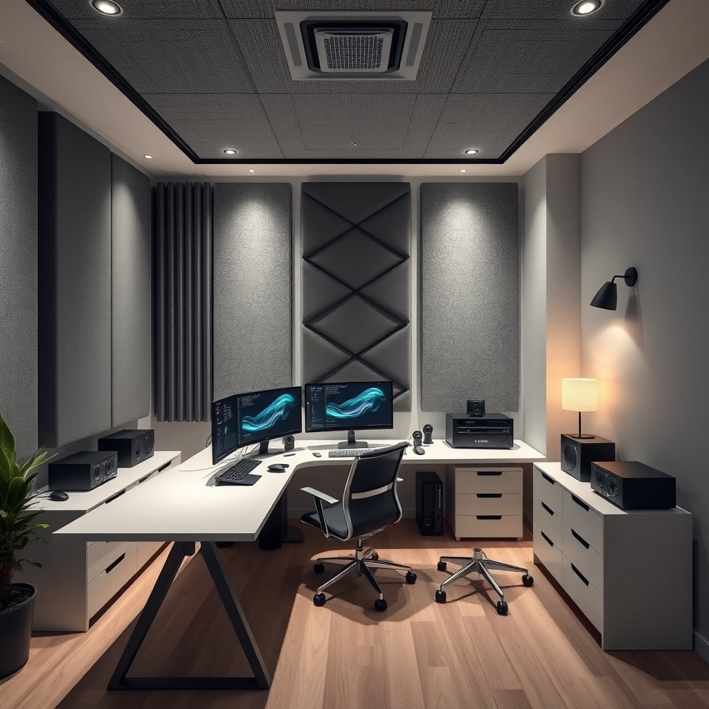 A clean, functional home office with bass traps in the corners and subtle acoustic panels on side walls.