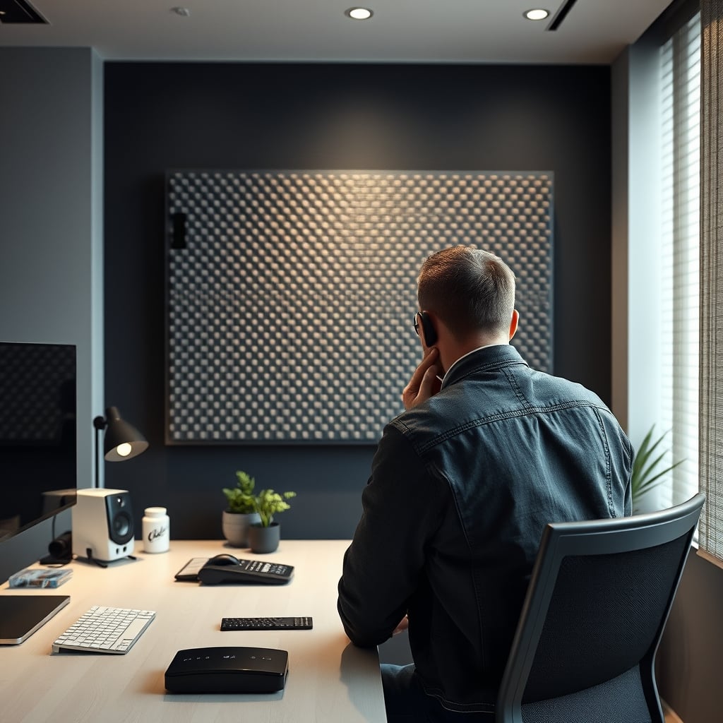 Person looking frustrated at a decorative acoustic art panel on their wall, realizing it's not working.
