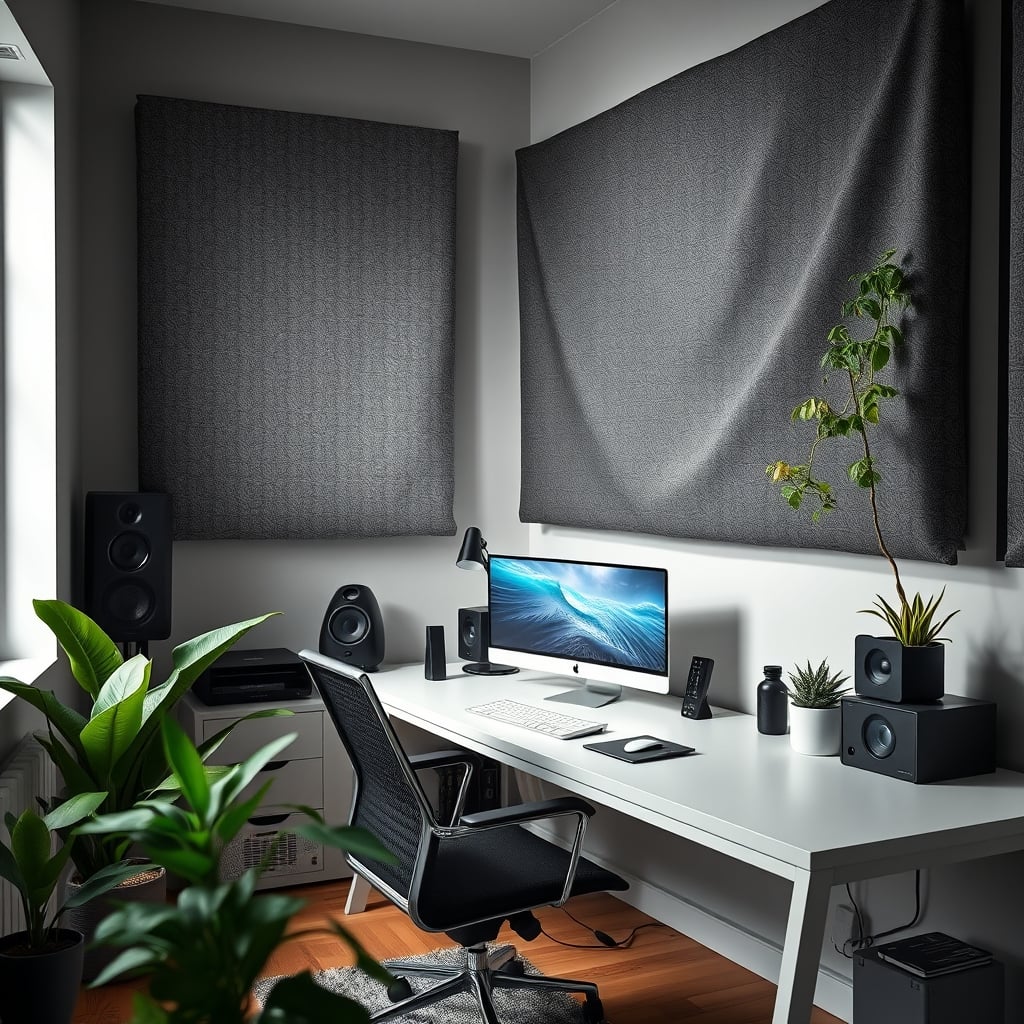 A stylish home office with a large, minimalist fabric-wrapped bass trap in the corner.