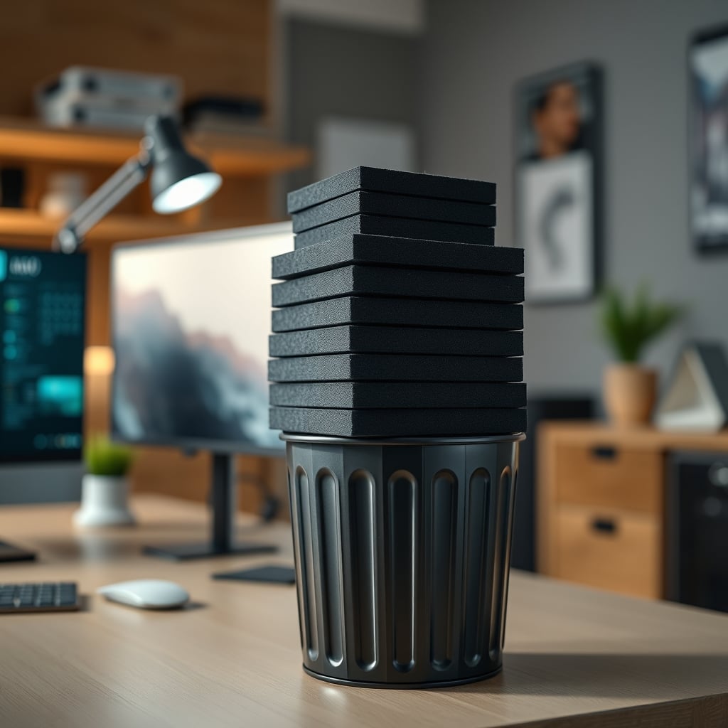 Black acoustic foam panels discarded in a trash can next to a desk.