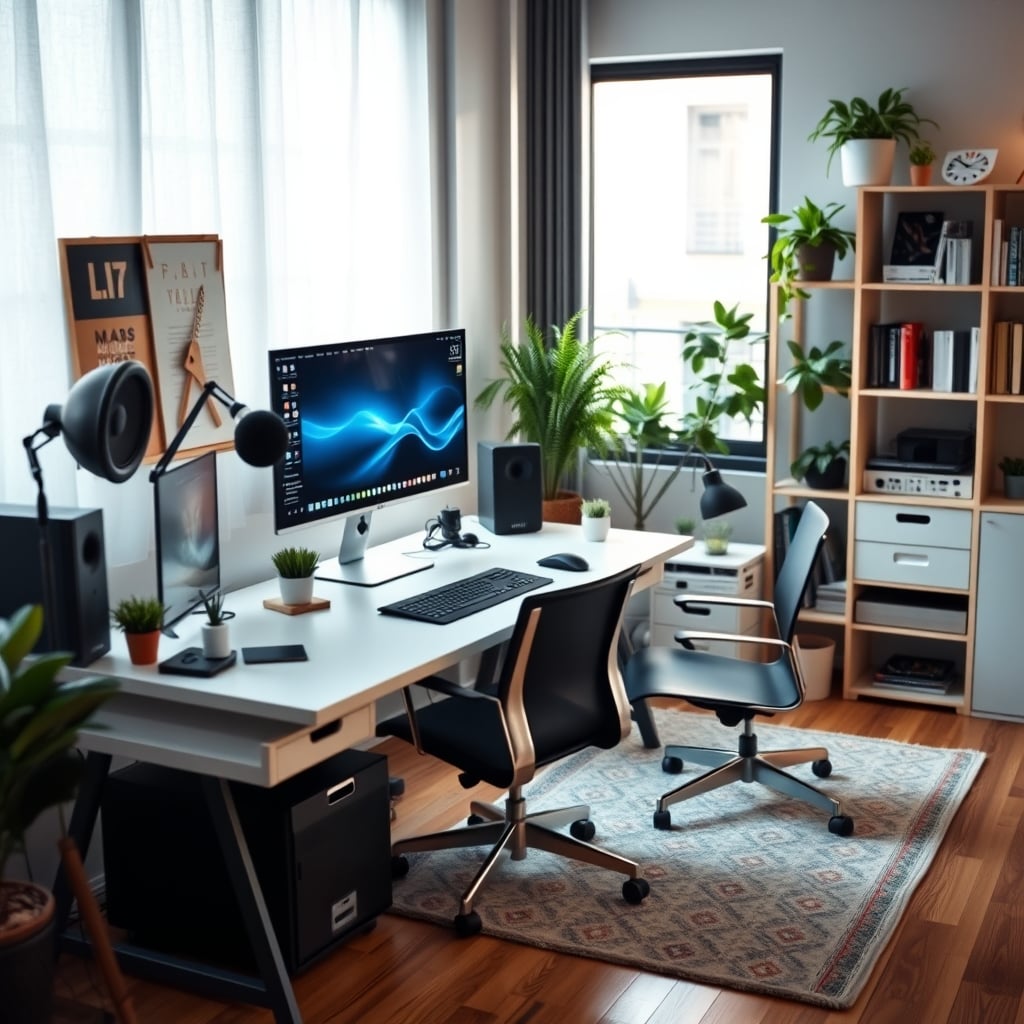 A lived-in, productive home office with a large rug, full bookshelf, and plants, demonstrating natural acoustic treatment.