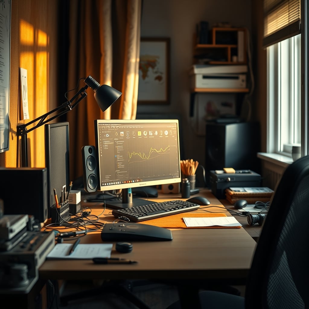 A highly cramped and unstable folding desk with visible cables and a monitor that seems too large for the surface, emphasizing common issues with cheap space-saving solutions.